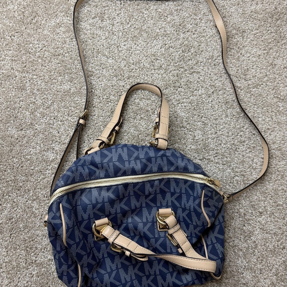 Michael Kors Satchel Bag Womens Medium Blue Logo Canvas Leather Zip Crossbody